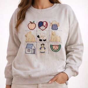 VTG White Patchwork Crewneck Sweatshirt Animals Angel Grandma Core Size XL READ